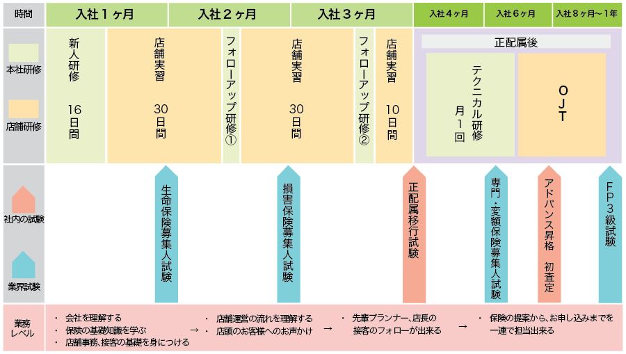 入社から1年後までの研修の流れ